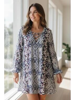 Speechless Women's Long Sleeve Lace-Up Patterned Dress Size XS